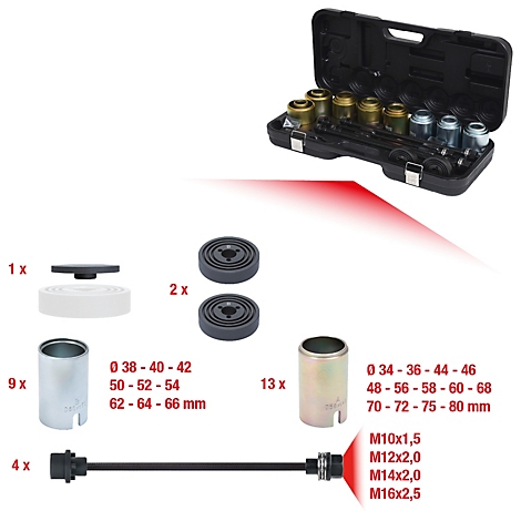 Werkzeugsatz mit verschiedenen Komponenten, darunter Hülsen, Aufsätze und eine schwarze Transportbox.